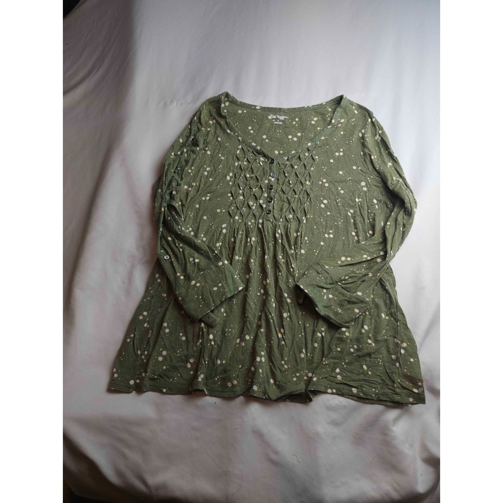 Kim Rogers Top Womens Petite Large Green Polka Dots Pintuck Pleated Cottagecore